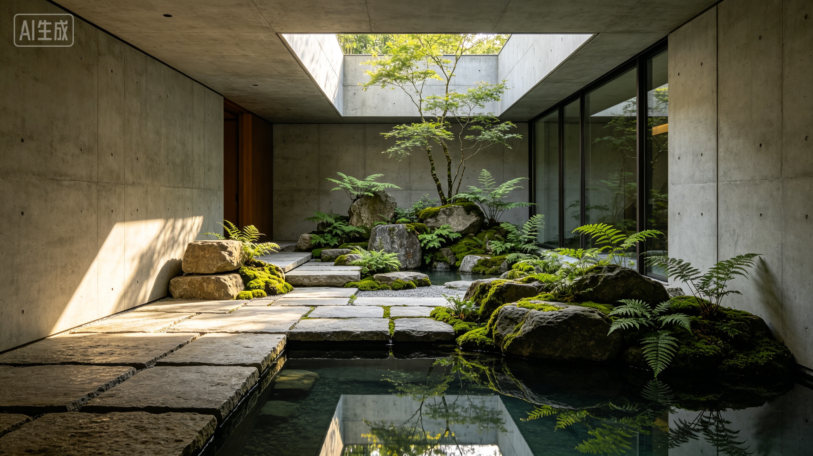 混凝土庭院中的水景、石材与植物，作为合野造景概念页面的 AI 生成主视觉